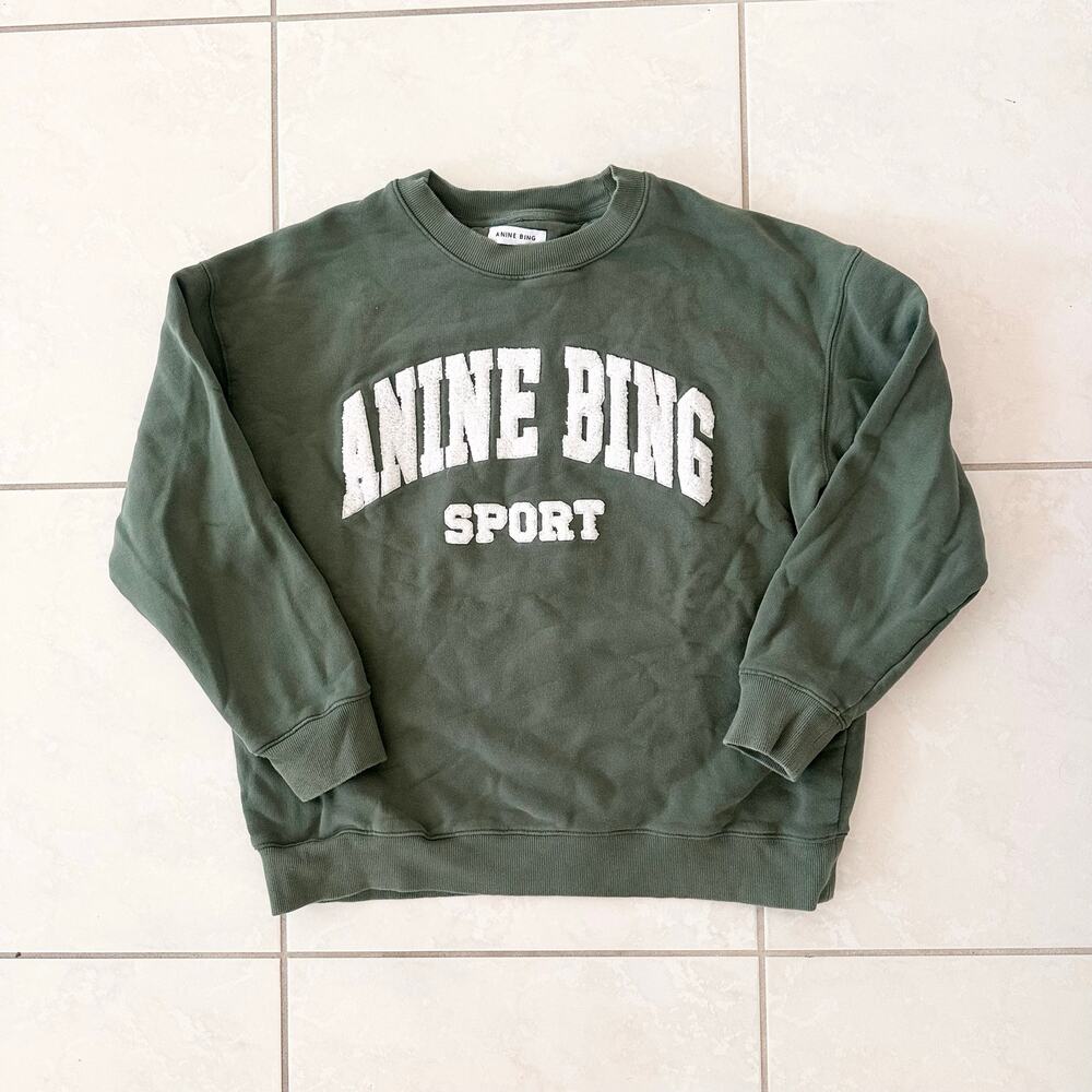 Anine Bing Sport Tyler Sweatshirt Artichoke Green Collegiate Lettering Large